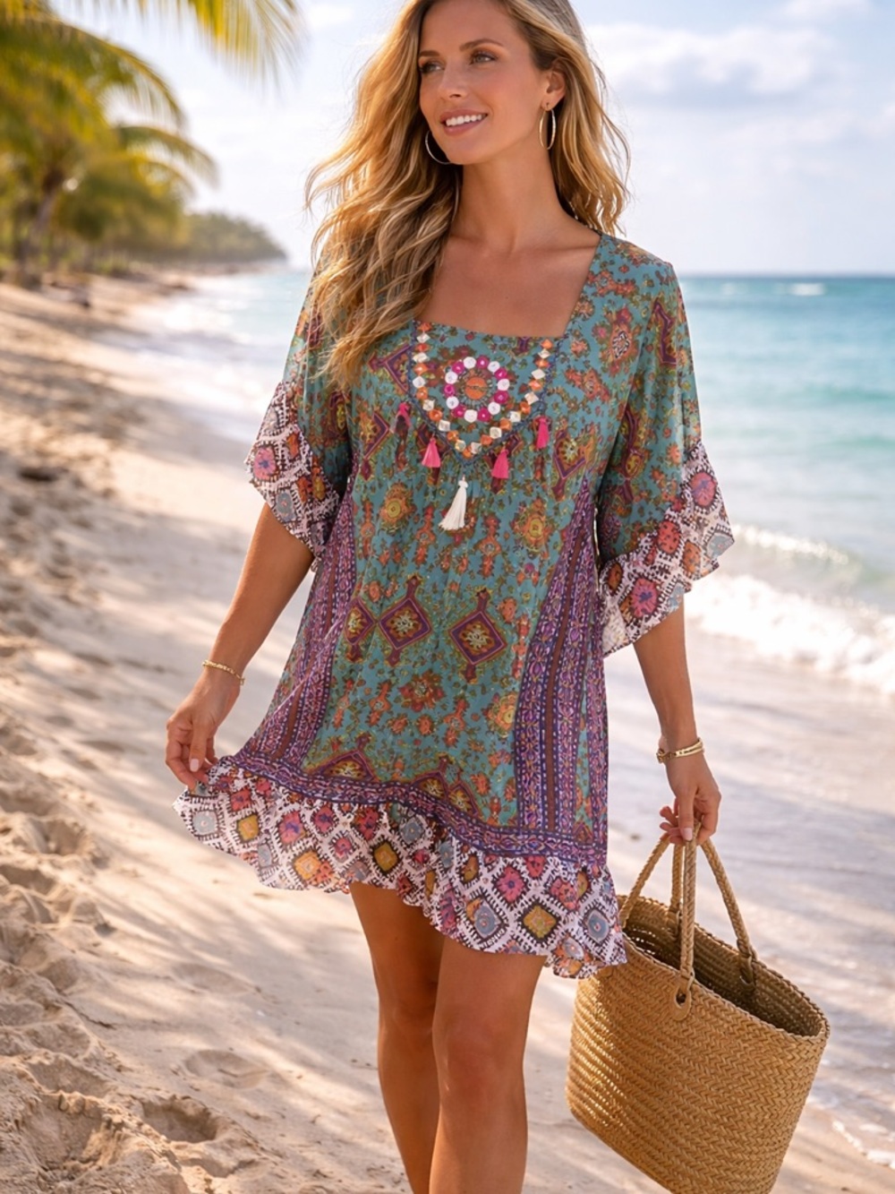 Sand & Spirit Boho Swim Dress Cover-Up | XL |Embroidery & Pom-Poms | Ruffled Hem
